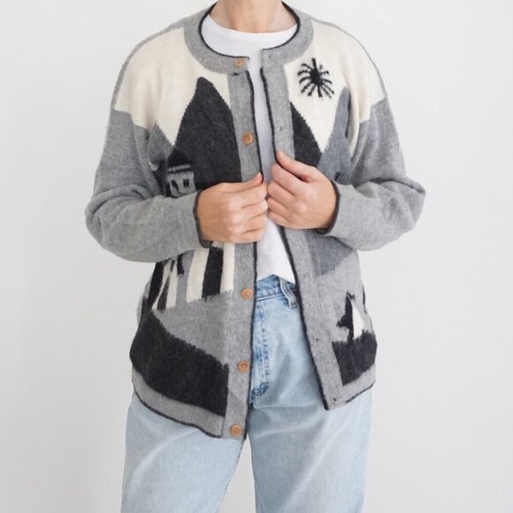 Vintage White Grey Landscape Penguin Alpaca Wool Button Up Cardigan Sweater M - Picture 2 of 11